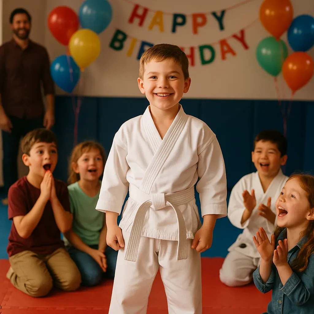 Young birthday star breaking a board with instructor support