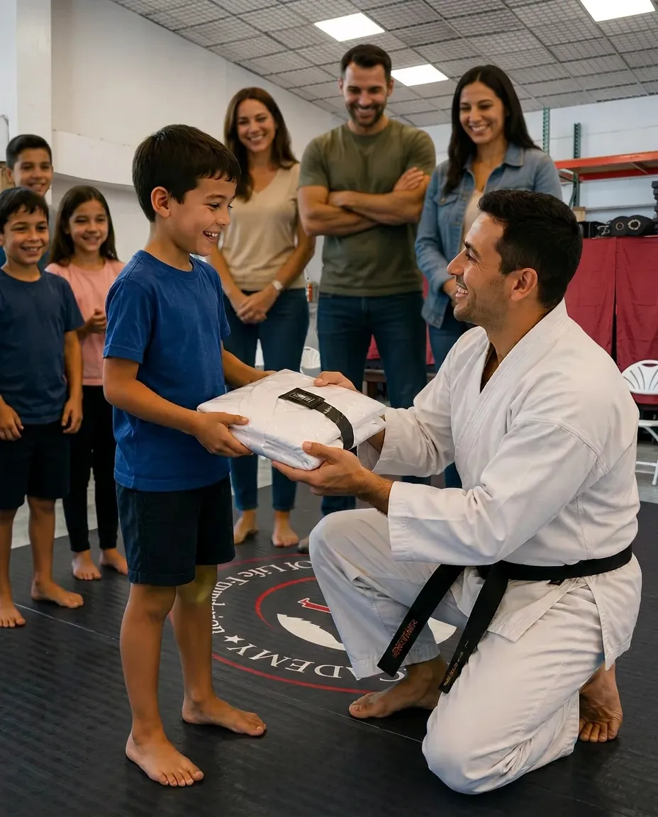 Instructor handing a free uniform to a smiling birthday guest as parents look on