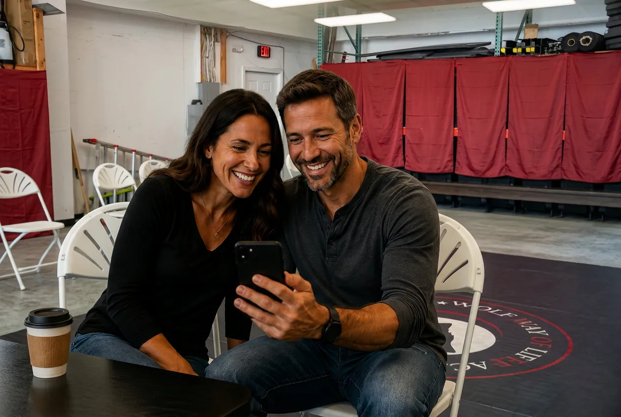 Happy parents relaxing and taking photos at a WOLF karate birthday party