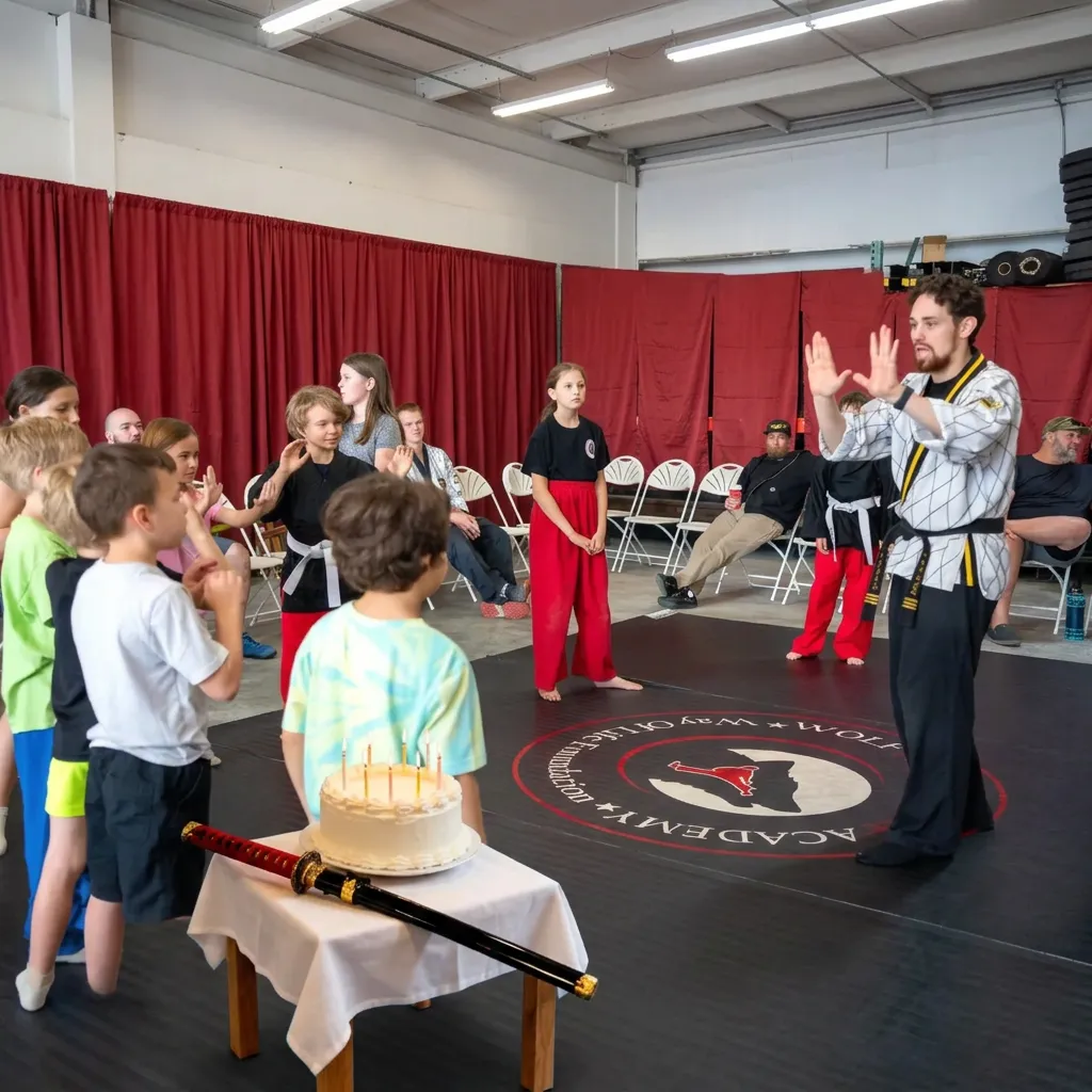 Birthday child ceremonially slicing cake with a samurai sword guided by instructor